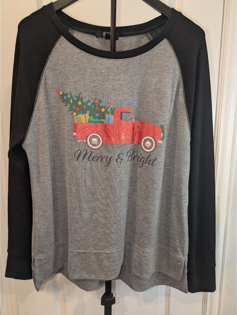 Modern Canvas XL Merry & Bright Christmas Red Truck Raglan Top